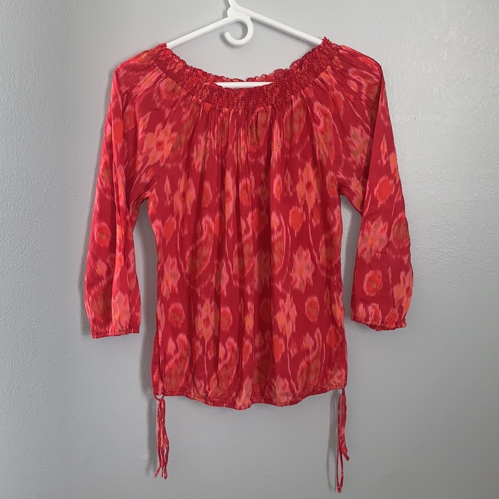 Lucky Brand Tie Cinch Waist Blouse Tie Dye Floral Print 3/4 sleeve 100% Cotton